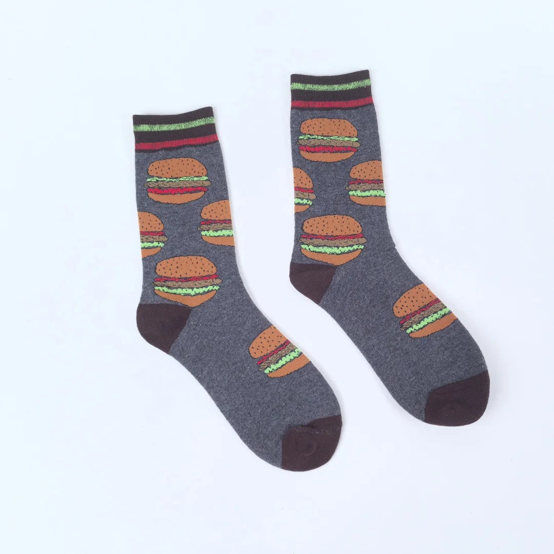 Cotton Blend Mid Calf Burger Print Unisex Socks