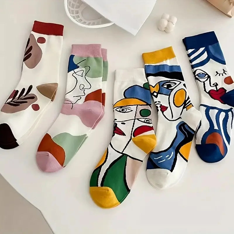 5 Pairs Polyester Spandex Crew Socks Cartoon Art Print