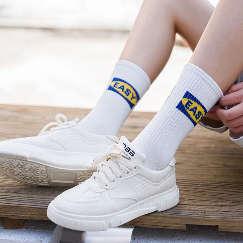 Cotton Blend Letter Printed Mid Tube Casual Crew Socks - 12