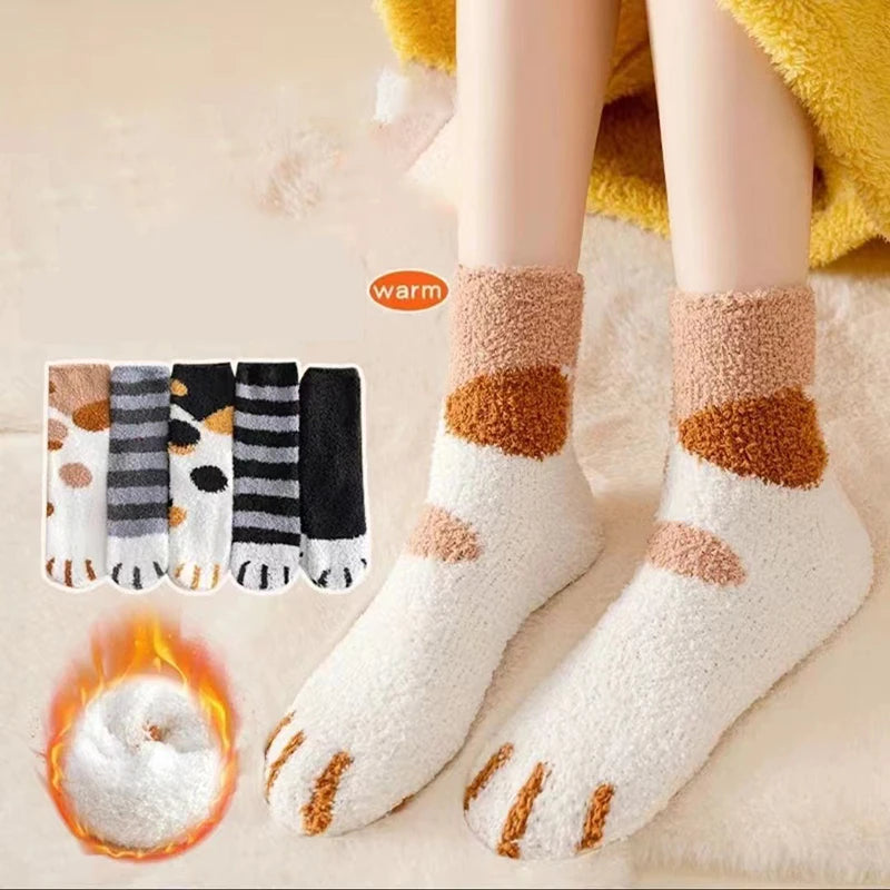Polyester Elastane Cat Paw Pattern Mid Tube Thick Winter Socks - 2
