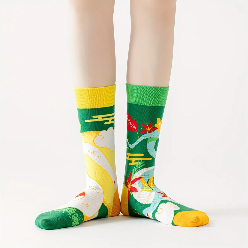 Cotton Blend Mid Calf Art Print Casual Socks