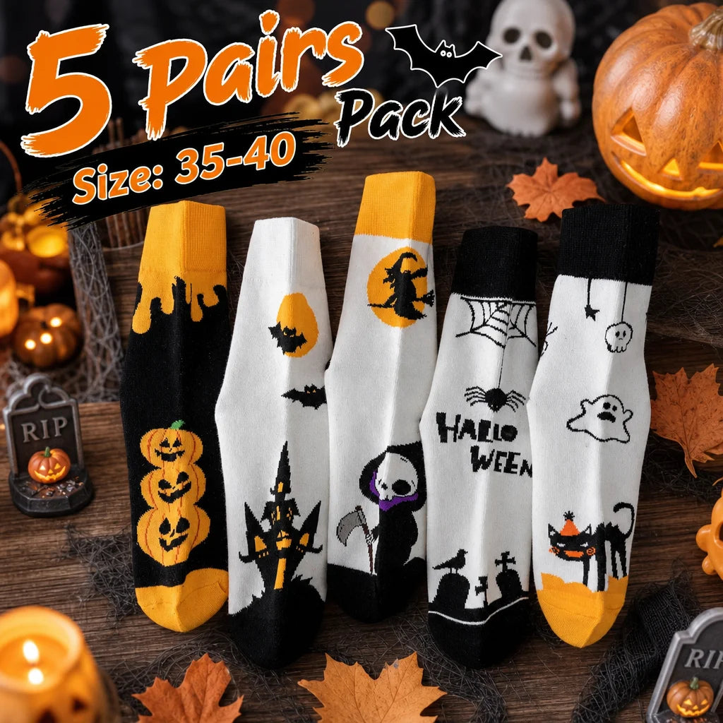 Polyester Elastane Halloween Patterned Mid Calf Socks 5 Pack - 1