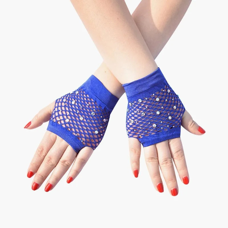 Nylon Elastane Rhinestone Fishnet Fingerless Gloves