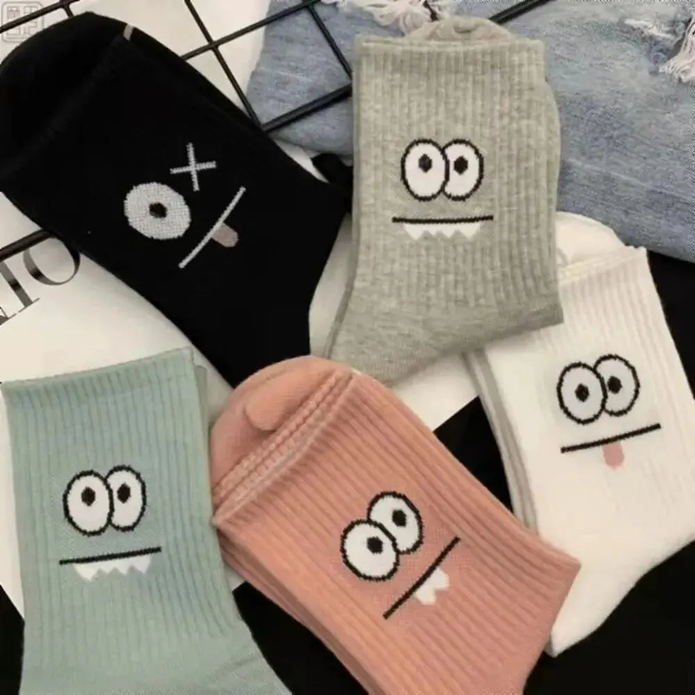 Polyester Blend Cartoon Expression Mid Tube Casual Socks 5 Pack - 5