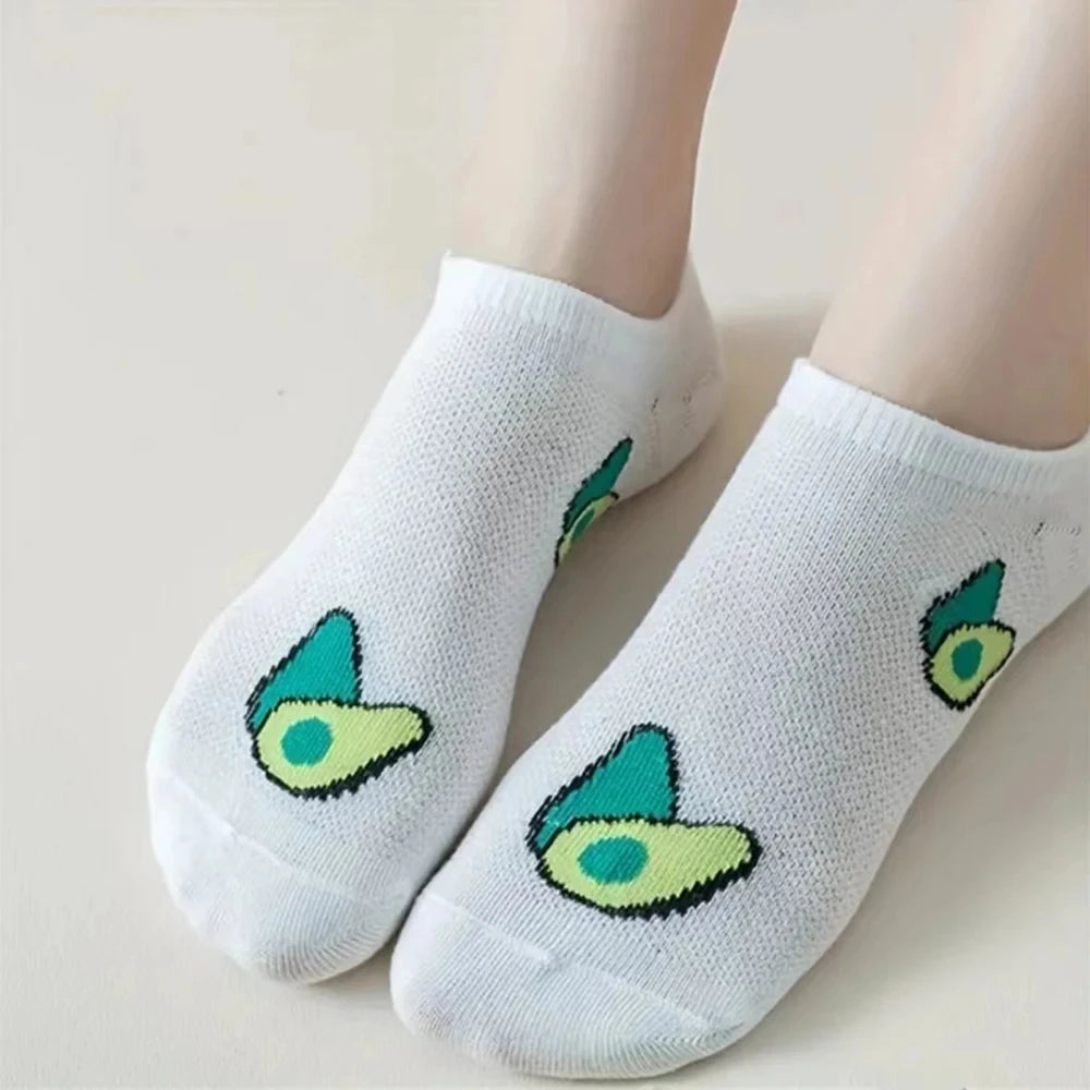 5 Pairs Polyester Avocado Pattern Low Cut Ankle Socks For Women