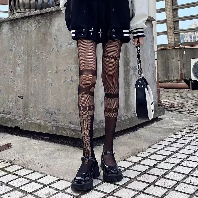 Nylon Cross Print Gothic Lolita Fishnet Tights - 18