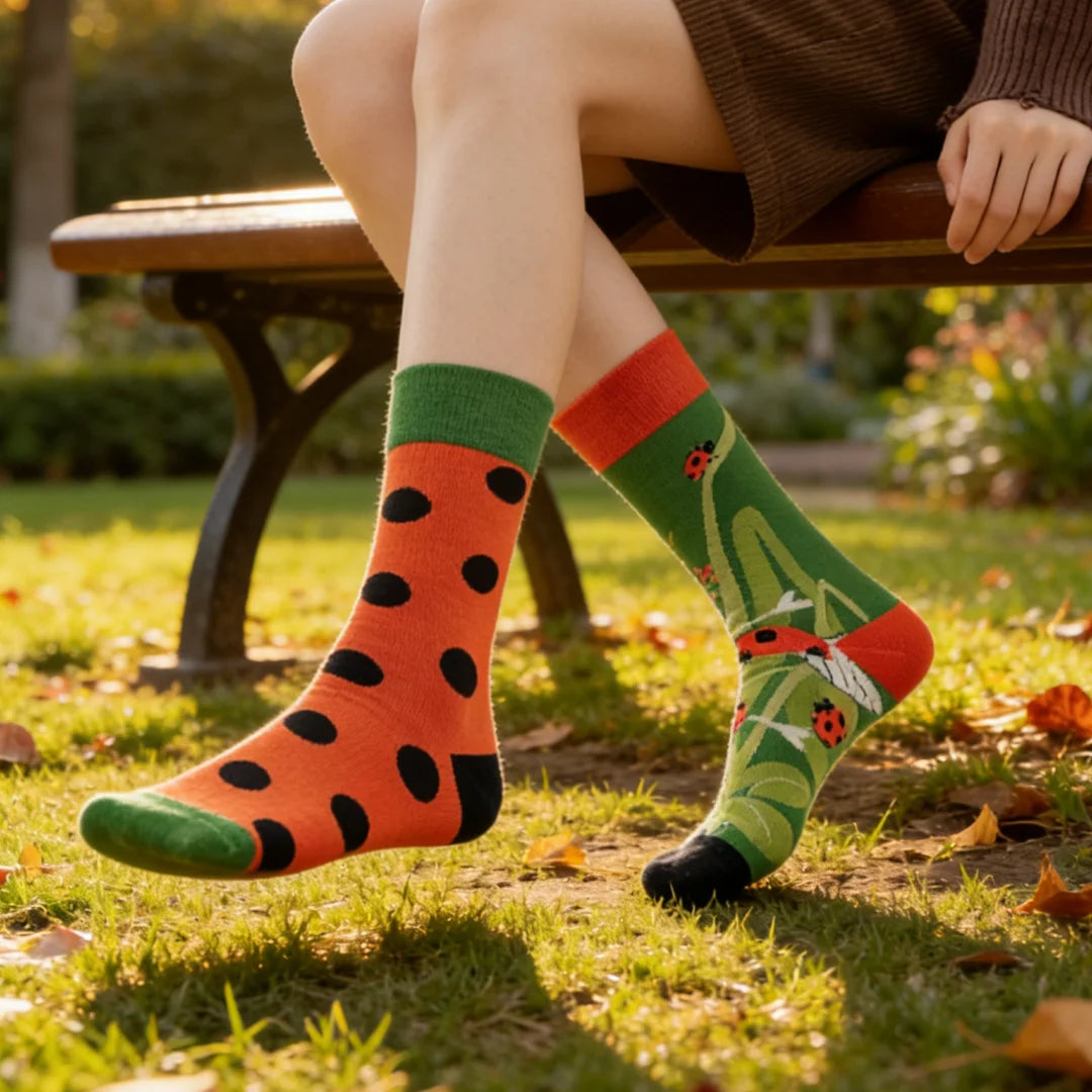 Cotton Blend Asymmetrical Ladybug Pattern Mid Calf Unisex Socks