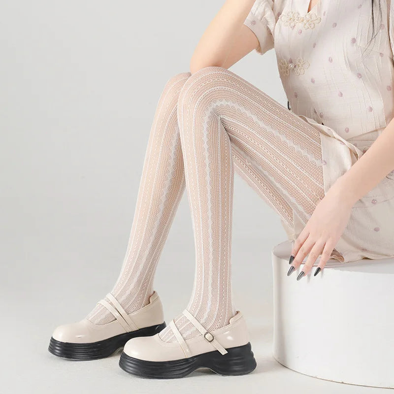 Red Nylon Striped Fishnet Tights for Women