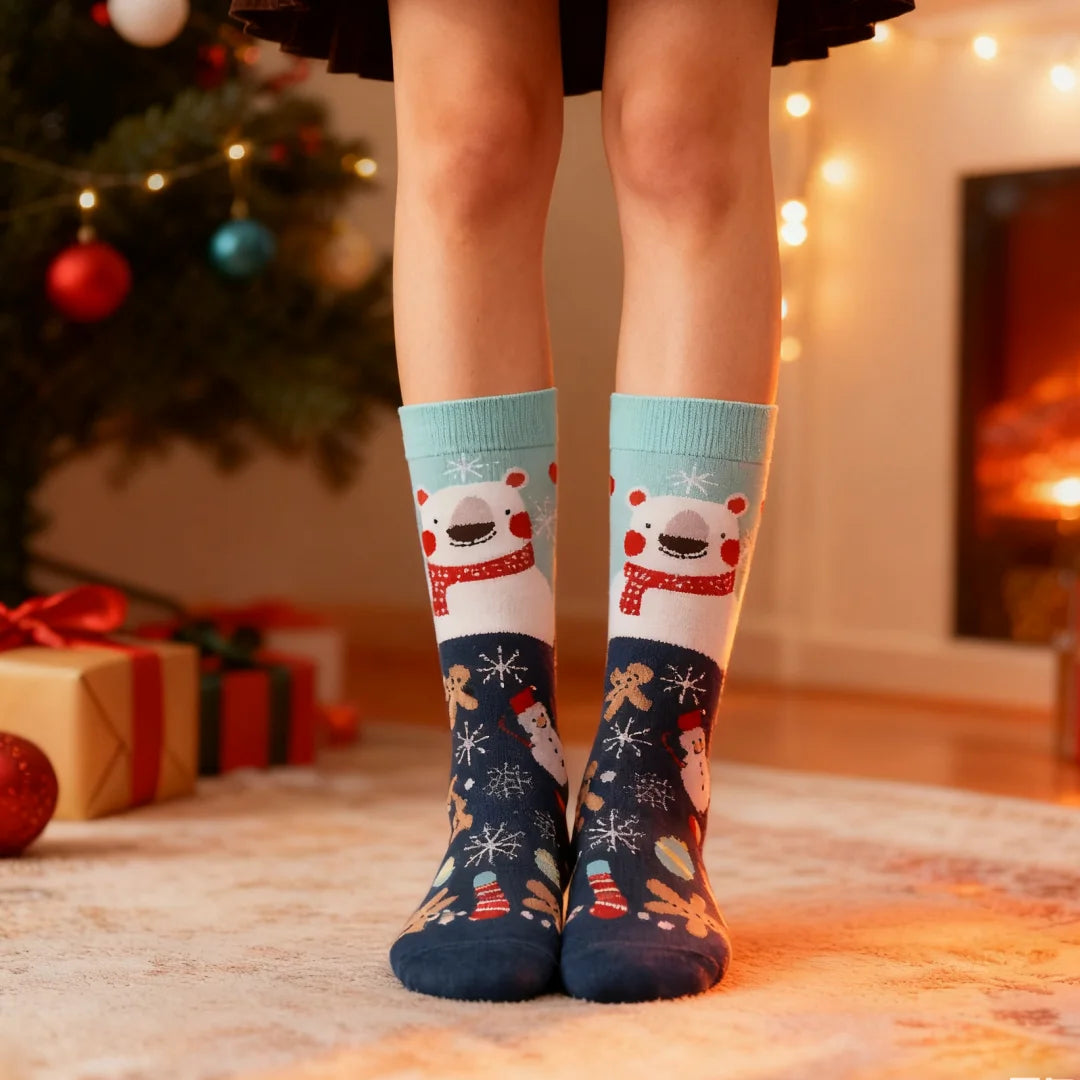 Cotton Blend Christmas Polar Bear Print Mid Calf Socks - 1