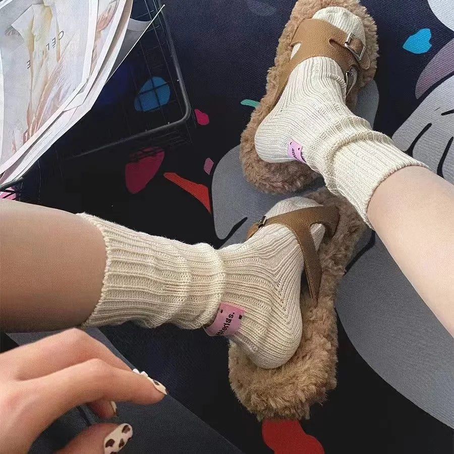Thick Cotton Knit Mid Tube Crew Socks