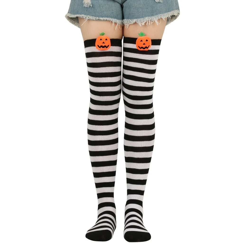 Polyester Striped Pumpkin Over The Knee Socks