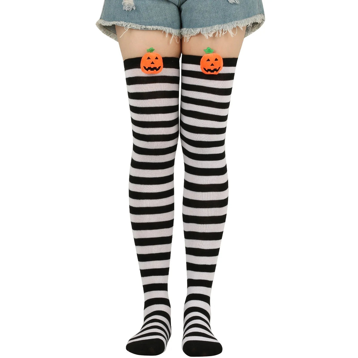 Polyester Striped Pumpkin Over The Knee Socks