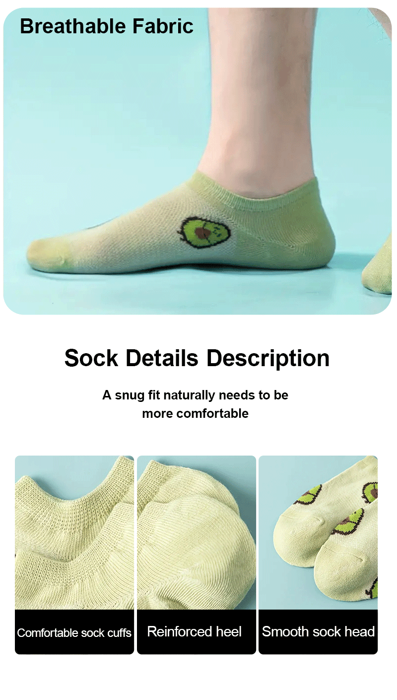 5 Pairs Polyester Avocado Pattern Low Cut Ankle Socks For Women