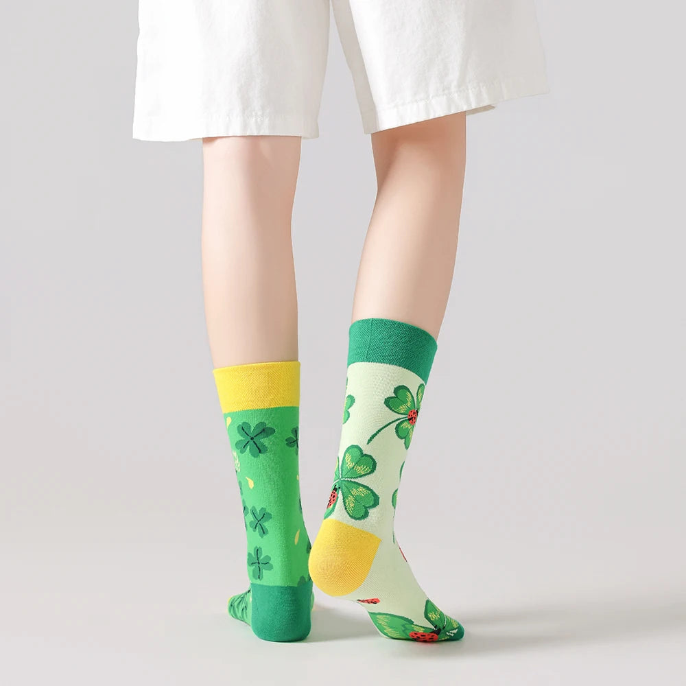 Cotton Blend Mid Calf Ladybug Clover Print Casual Socks