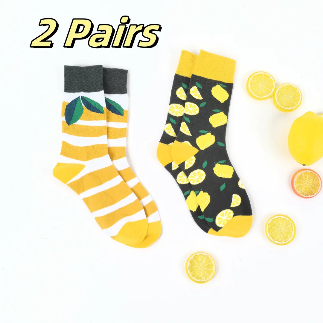 Cotton Blend Lemon Pattern Mid Tube Socks