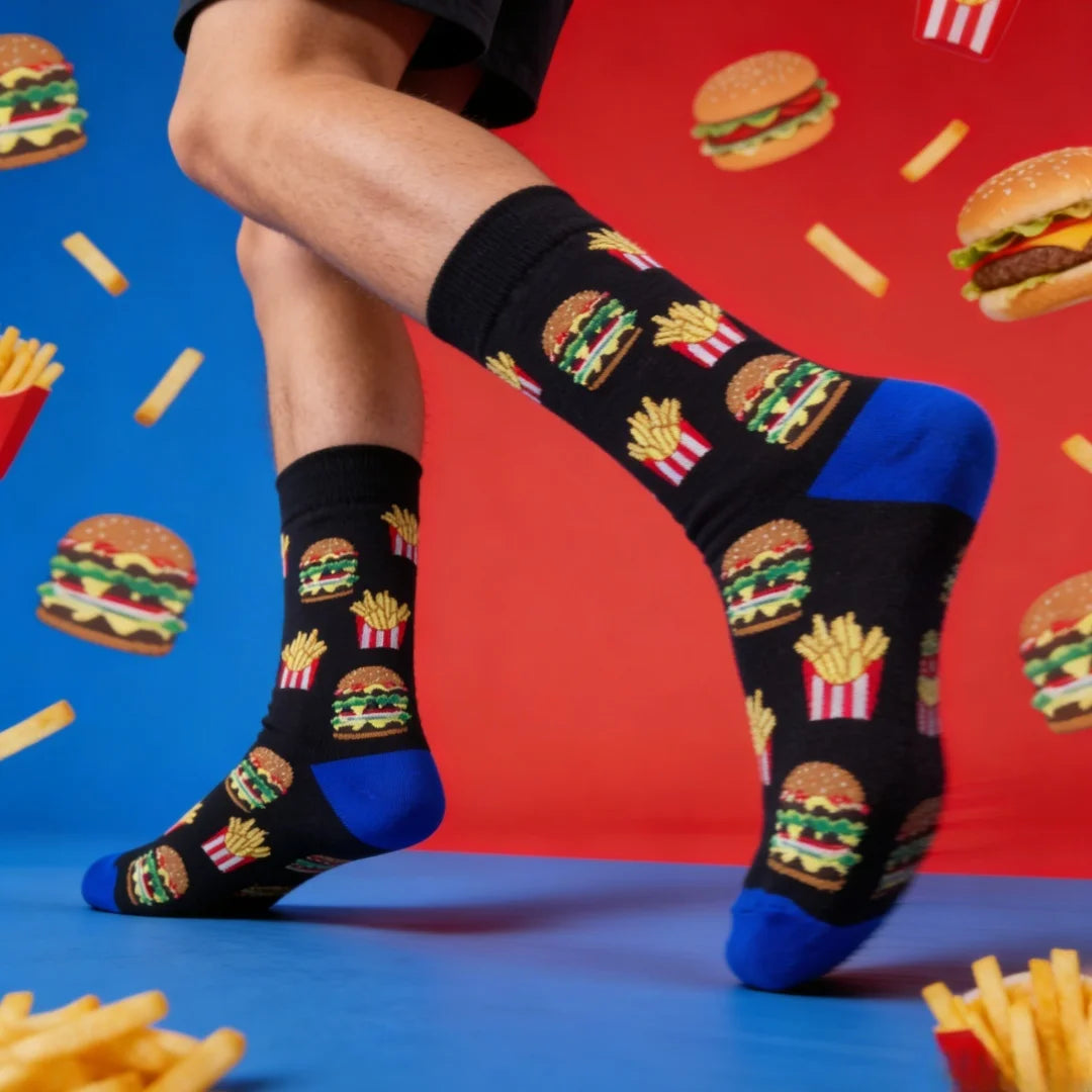 Polyester Elastane French Fry Burger Pattern Crew Socks - 1