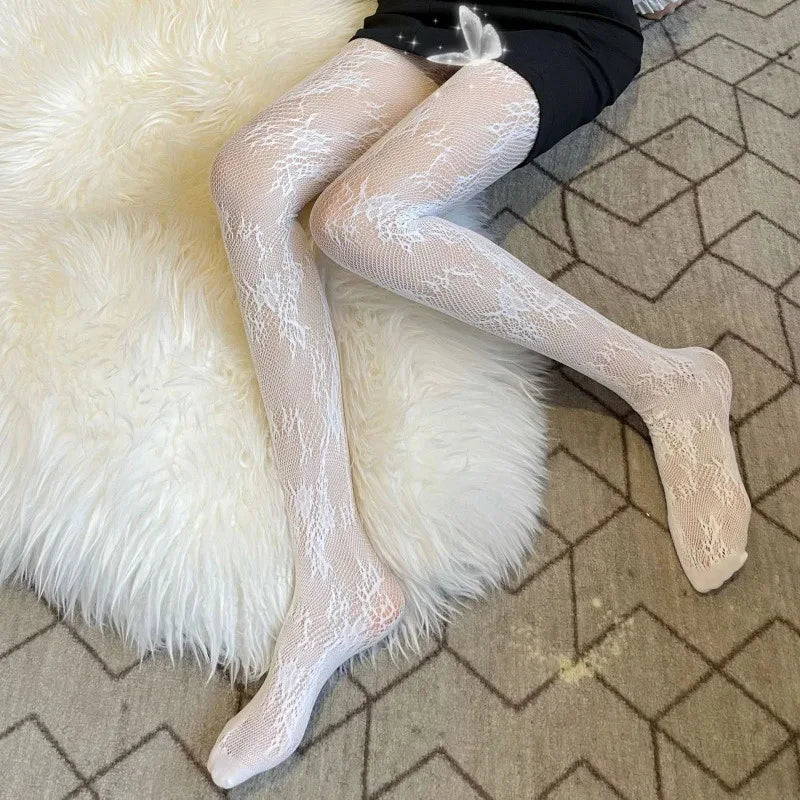 Nylon Floral Fishnet Stockings Breathable Lace Thigh High Tights - 19