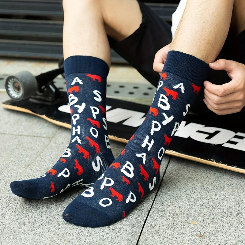 Cotton Blend Letter And Cow Print Mid Calf Crew Socks - 3