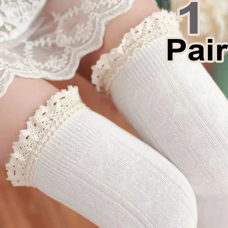 Polyester Elastane Lace Trim Over Knee Lolita Socks - 10