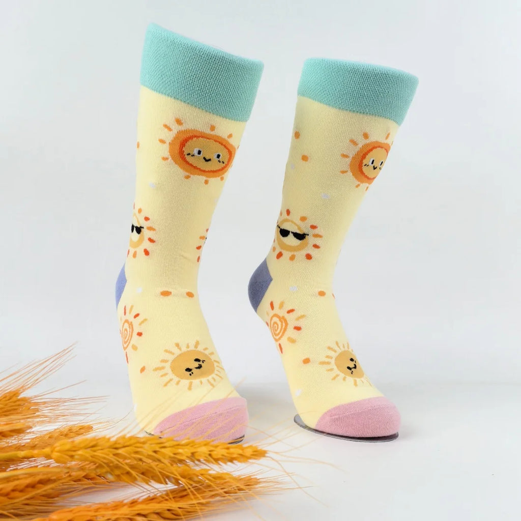 Cotton Blend Cartoon Sun Print Mid Calf Crew Socks