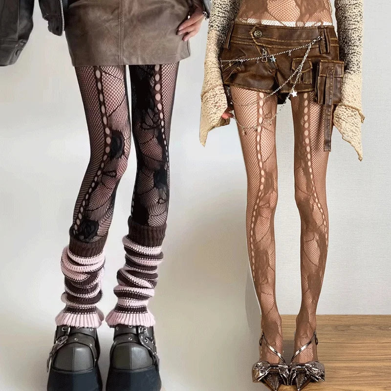Floral Mesh Nylon Thigh High Pantyhose