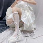 Nylon Elastane Lolita Ruffled Bowknot Mesh Knee High Socks
