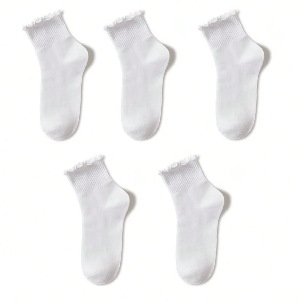 Polyester Elastane Ruffle Trim Mid Tube Crew Socks