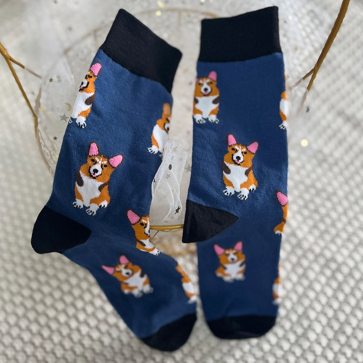 Cotton Blend Corgi Pattern Crew Socks - 2