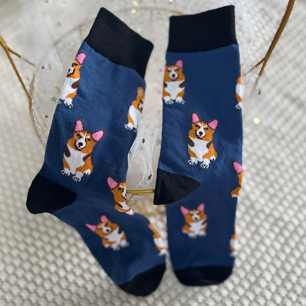 Cotton Blend Corgi Pattern Crew Socks