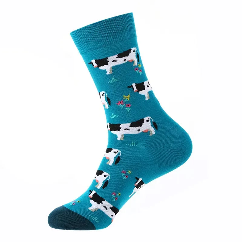 Cotton Blend Cartoon Cow Pattern Mid Calf Socks - 8