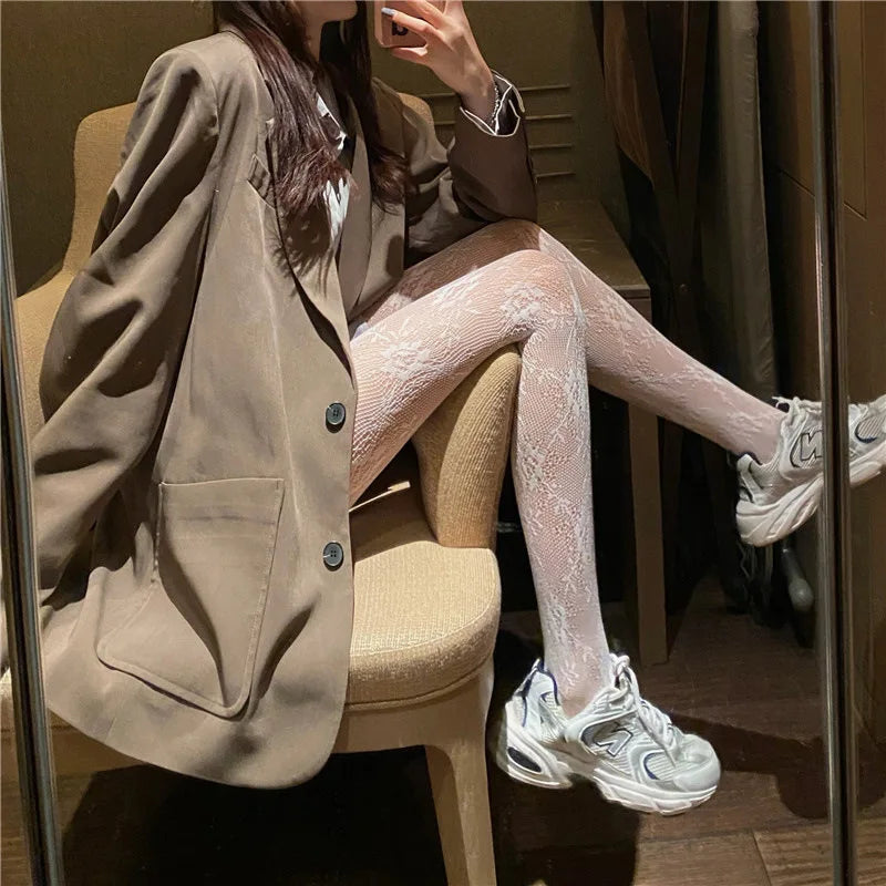 Nylon Floral Fishnet Stockings Breathable Lace Thigh High Tights