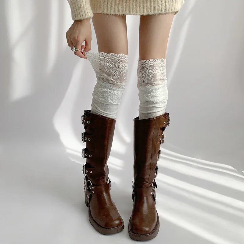 Polyester Elastane Lace Knee High Stockings - 3