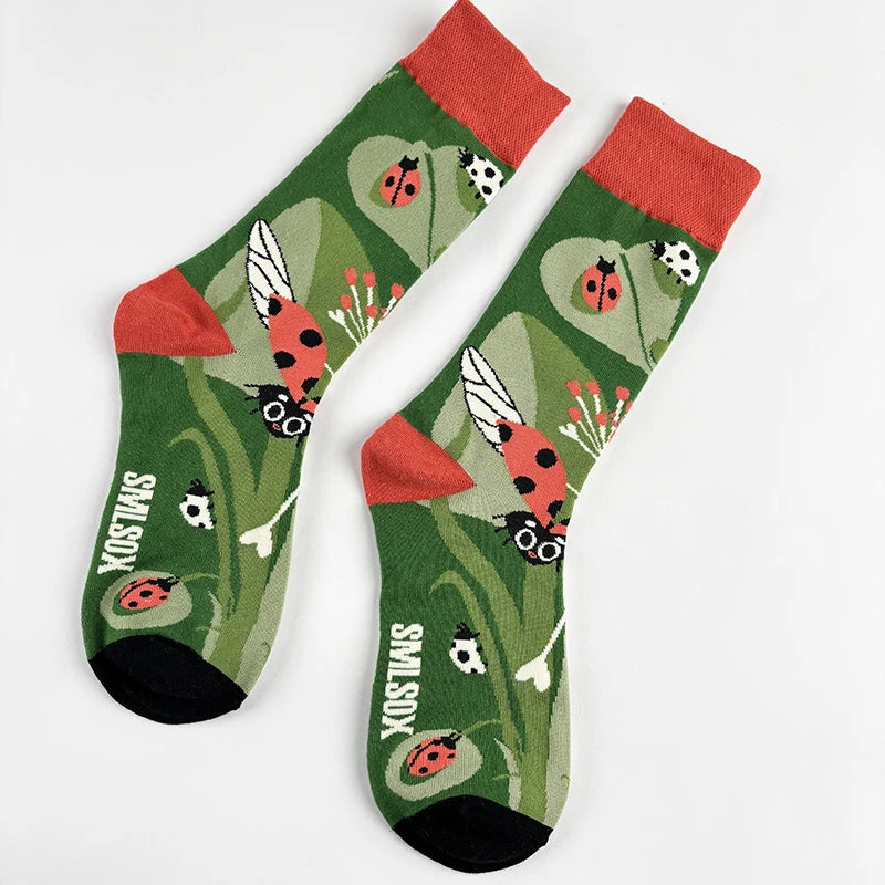 Cotton Blend Insect Pattern Crew Socks - 6