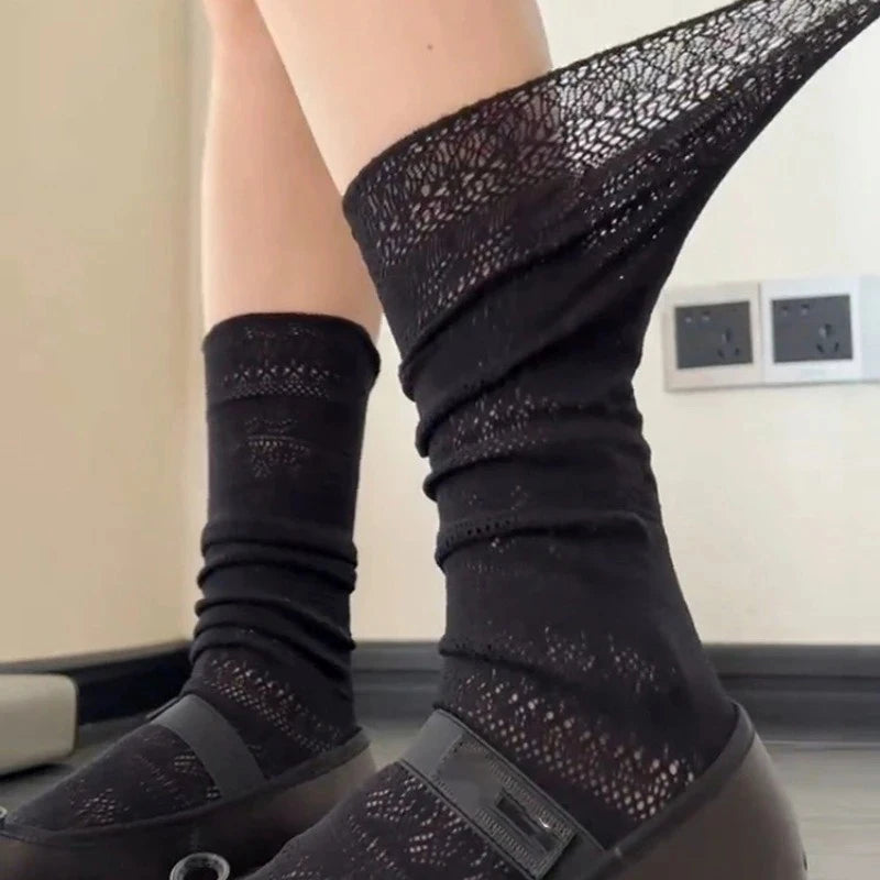 Lace Trimmed Polyester Elastane Casual Mid Tube Socks - 4