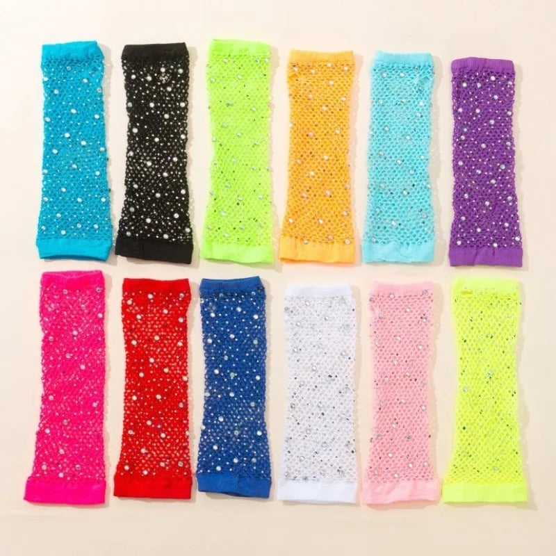 Nylon Elastane Rhinestone Fishnet Fingerless Gloves - 6