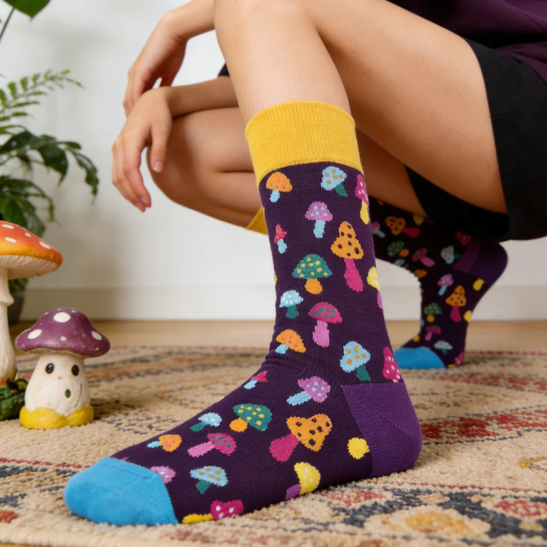 Cotton Mushroom Print Mid Calf Casual Socks