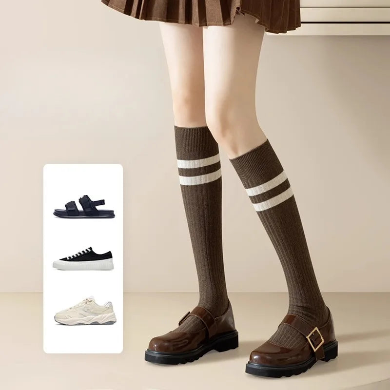 Cotton Polyester Striped Knee High Casual Socks