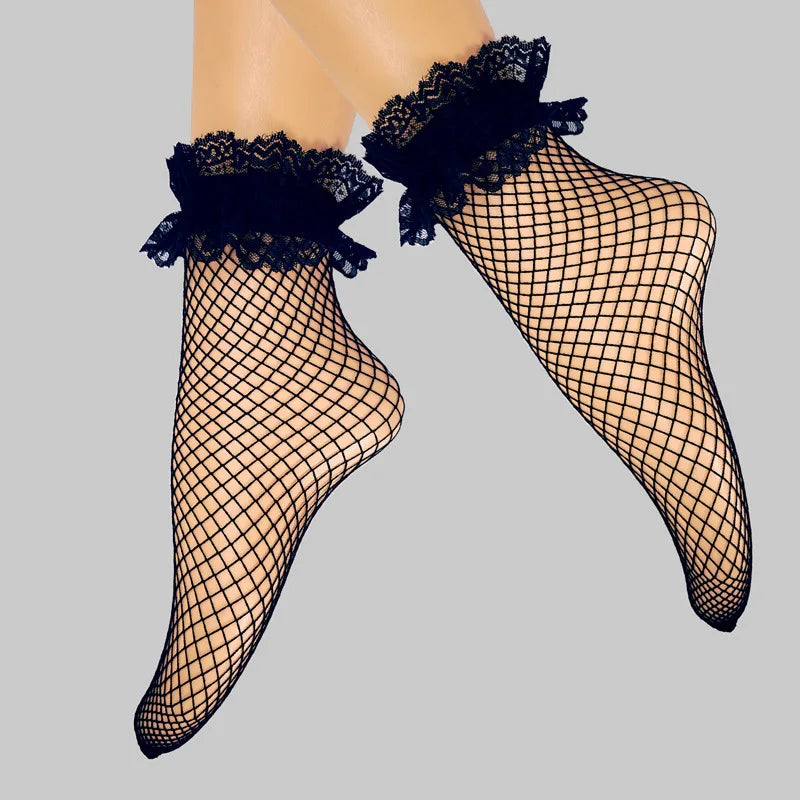 Polyester Nylon Fishnet Lace Trim Ankle Socks - 12