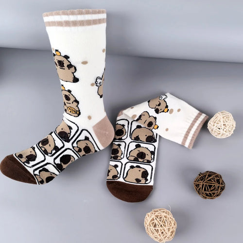 Cotton Blend Capybara Pattern Mid Calf Socks for Women