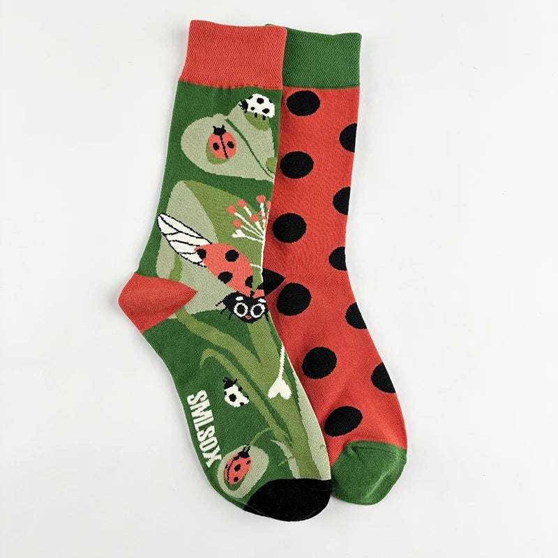 Cotton Blend Ladybug Print Mid Calf Socks