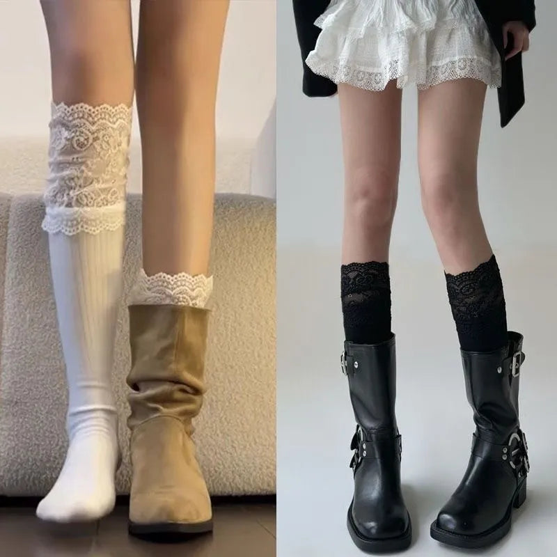 Lace Trim Nylon Stockings Knee High Socks for Women