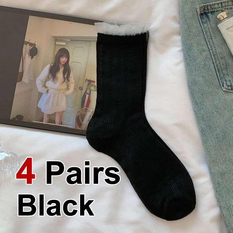 4 Pairs Polyester Elastane Lace Edge Mid Tube Socks