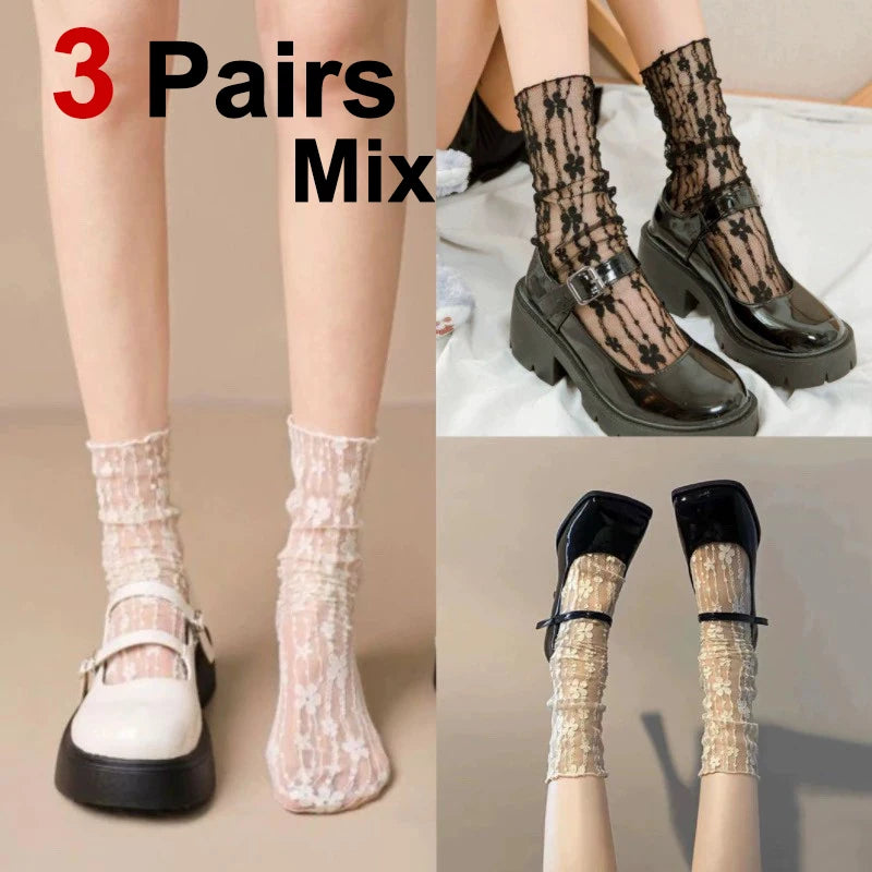 3 Pairs Floral Lace Women Casual Crew Socks - 18