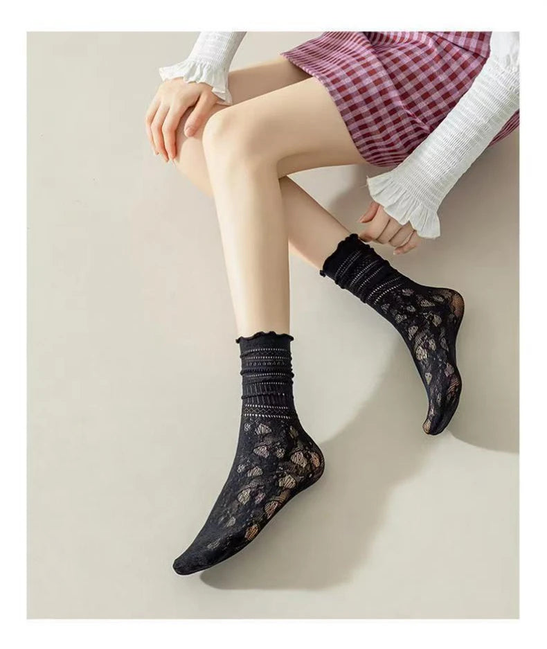 Lace Mesh Knit Ankle Socks Breathable Hollow Out Stockings