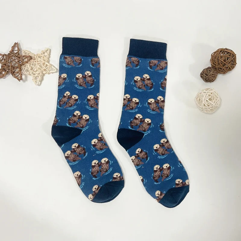 Cotton Blend Otter Print Unisex Mid Calf Socks