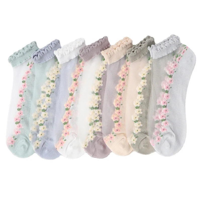 Floral Print Polyester Elastane Low Tube Casual Socks 7 Pairs - 8