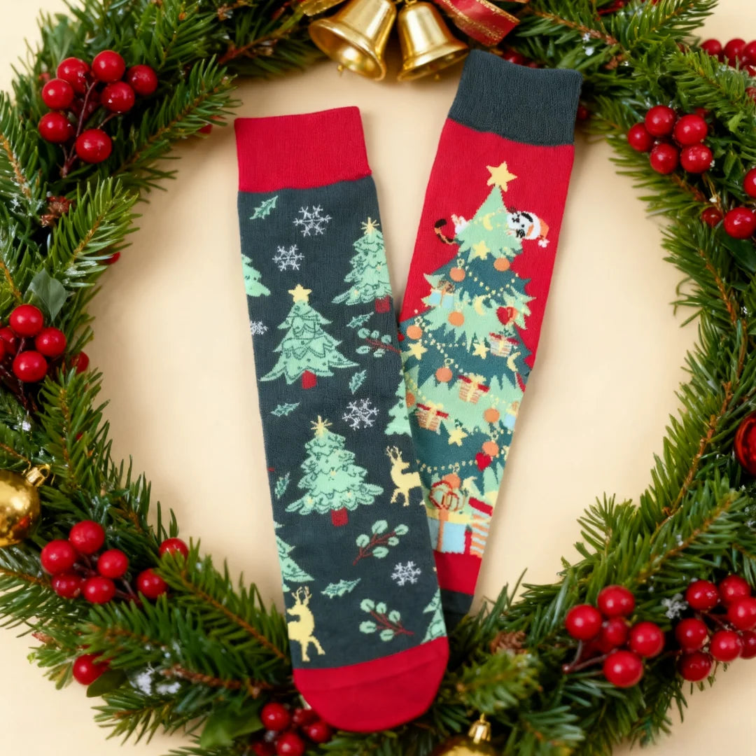 Cotton Blend Christmas Tree Print Mid Calf Socks