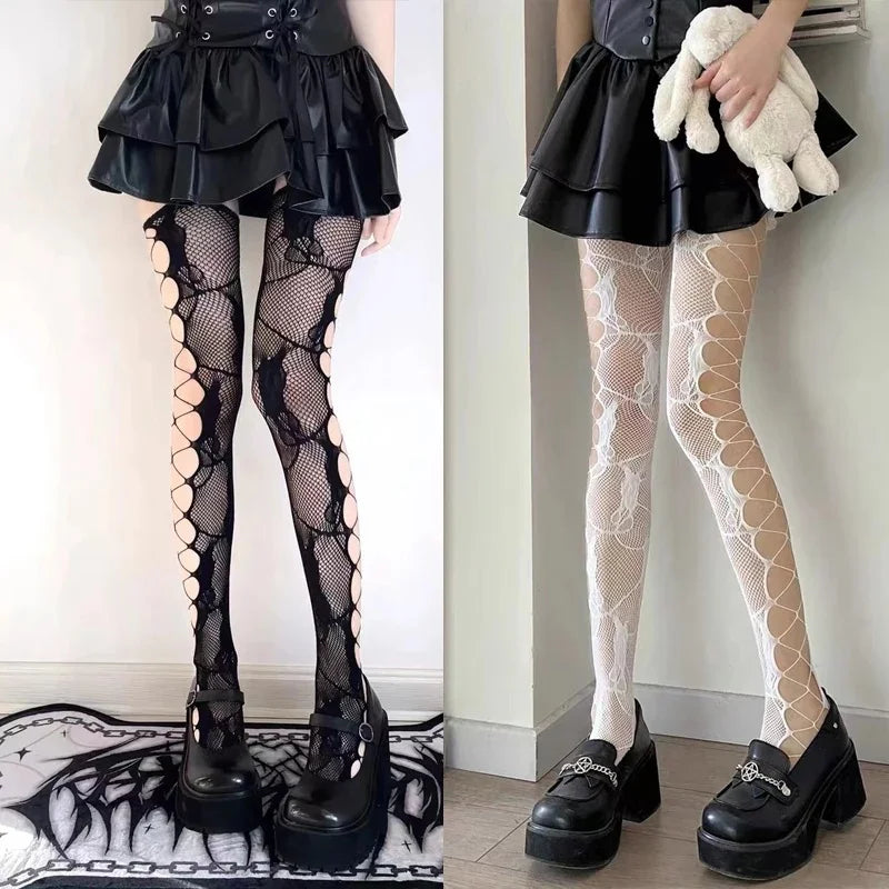 Floral Mesh Nylon Thigh High Pantyhose