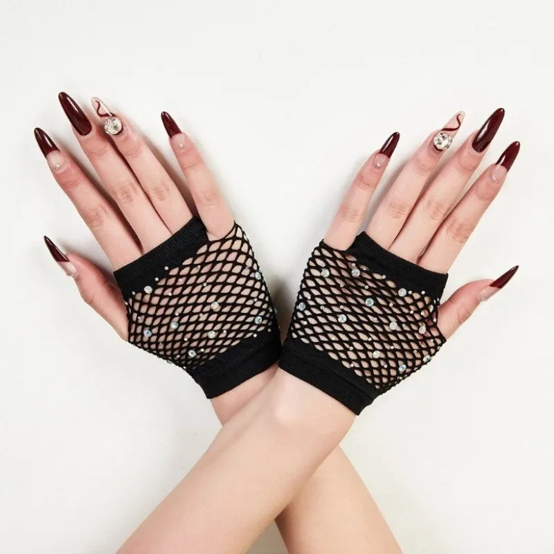 Nylon Elastane Rhinestone Fishnet Fingerless Gloves