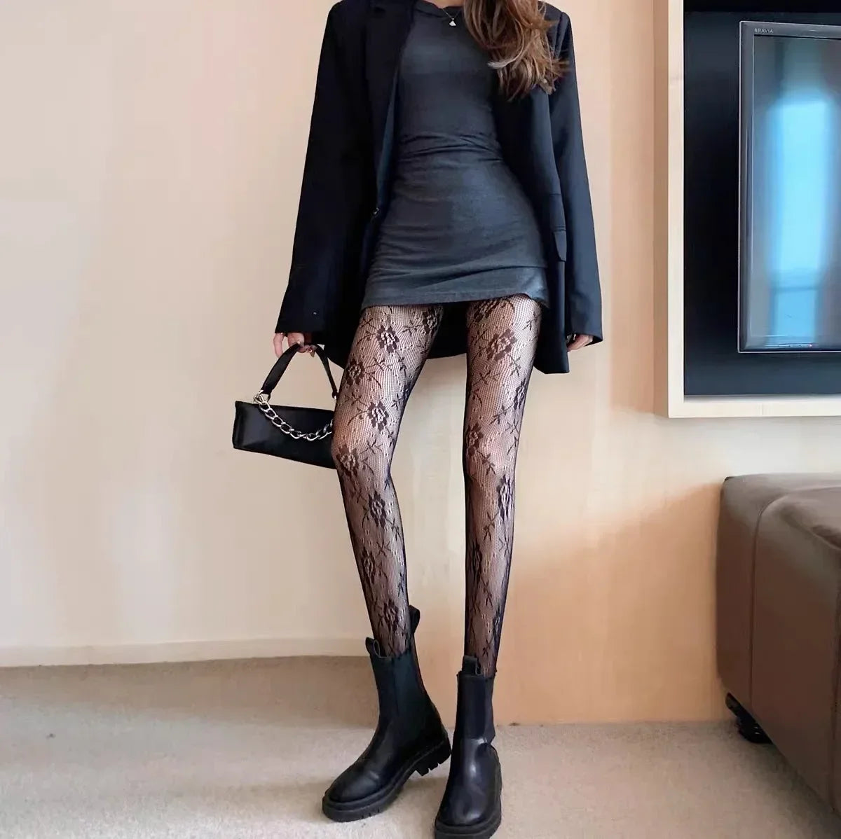 Floral Pattern Polyester Elastane Mesh Tights